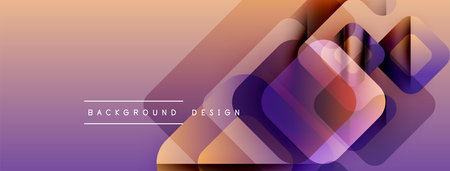 Abstract geometric shapes overlap, creating vibrant gradient background. Purple, orange hues dominate design. Modern aesthetic.のイラスト素材