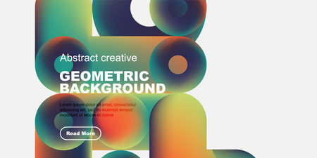 Abstract geometric background features vibrant overlapping shapes, text, button. Modern design, colorful gradients create dynamic visual impact.のイラスト素材