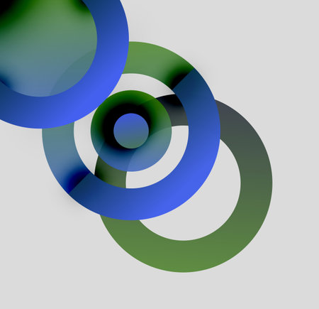 Abstract composition featuring overlapping circles. Blue, green hues dominate neutral background. Minimalist design, modern aesthetic.のイラスト素材