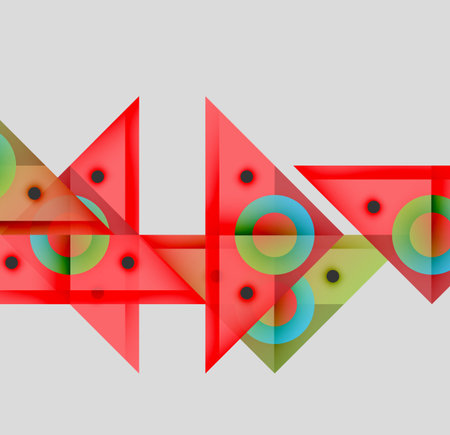 Abstract geometric composition. Red triangles, circles overlap creating dynamic visual pattern. Light gray background provides contrast.のイラスト素材