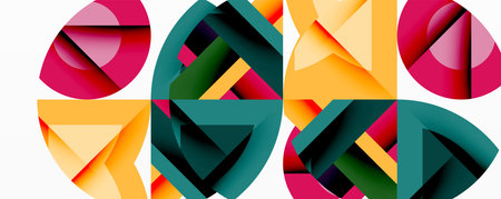 Abstract geometric composition. Overlapping shapes create dynamic visual pattern. Colors include...