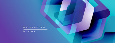 Abstract geometric shapes overlap, creating vibrant blue, purple gradients. Modern design elements...