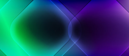 Abstract gradients blend turquoise, green, purple hues. Geometric shapes overlap creating soft light effects. Minimalist design, modern aesthetic.のイラスト素材