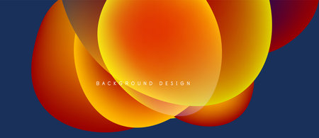 Abstract fluid shapes overlap, creating vibrant orange, red gradients. Dark blue background provides contrast. Text reads background design.のイラスト素材
