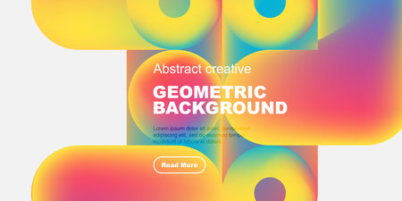 Vibrant abstract shapes overlap, creating colorful geometric background. Text promotes further exploration. Modern design elements present.のイラスト素材