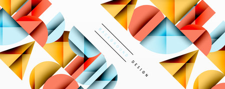 Abstract geometric shapes overlap, creating dynamic visual texture. Orange, blue, red tones dominate...