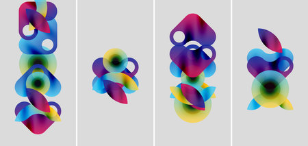Abstract colorful shapes overlap, creating dynamic compositions. Four panels display variations,...