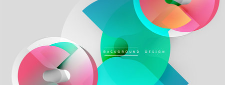 Abstract geometric shapes, vibrant colors, overlapping layers create modern design. Soft gradients, circular elements dominate composition.のイラスト素材