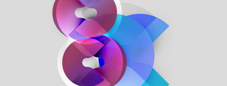 Abstract design features overlapping translucent shapes. Colors include pinks, blues, purples, whites. Modern aesthetic, simple background.のイラスト素材