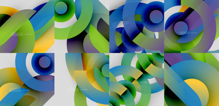 Abstract colorful overlapping shapes create dynamic backgrounds. Gradients blend blues, greens, yellows, purples. Modern design elements present visual harmony.のイラスト素材