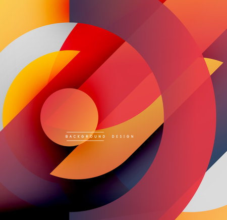 Abstract geometric composition. Overlapping circles, gradients create dynamic visual effect. Warm colors dominate design.のイラスト素材