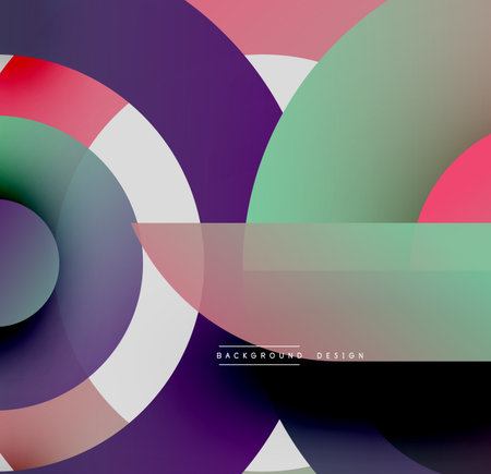 Abstract circles, rectangles overlap. Gradient colors create modern design. Purple, teal, pink hues dominate composition.のイラスト素材