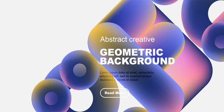 Abstract geometric shapes, vibrant colors, modern design. Text overlay includes geometric background, read more. Minimalist aesthetic.のイラスト素材