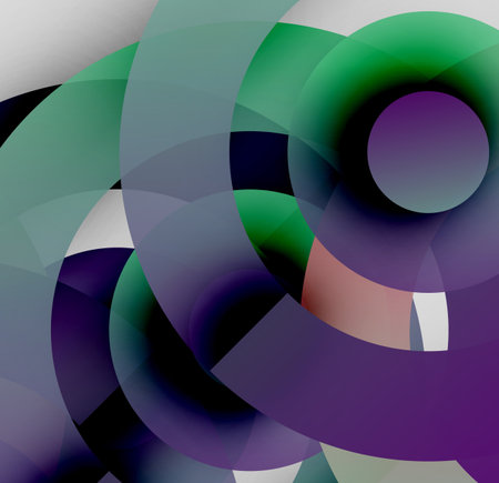 Abstract composition. Overlapping circles create dynamic visual effect. Green, purple, white hues dominate design. Modern, minimalist aesthetic.のイラスト素材