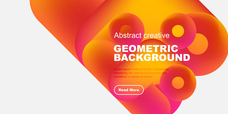 Dynamic orange, yellow shapes overlap white space. Text promotes geometric background design, includes call to action.のイラスト素材