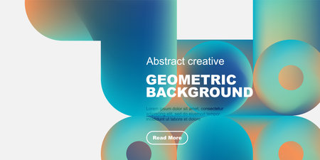 Abstract geometric background features vibrant colors, overlapping shapes, text, button. Modern design suitable for digital projects.のイラスト素材
