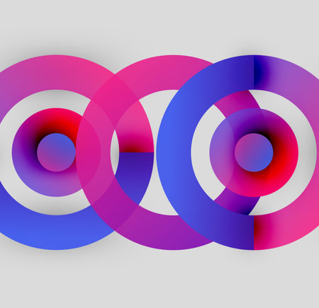 Abstract design featuring overlapping colorful circles. Gradient shades create dynamic visual effect. Modern, vibrant composition.のイラスト素材