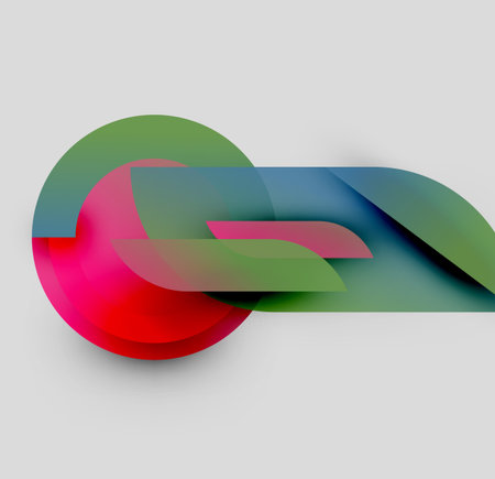 Abstract composition. Overlapping colorful shapes create dynamic visual effect. Gradients blend red, green, blue hues. Minimalist design.のイラスト素材