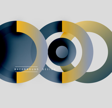 Abstract circles overlap, creating dynamic visual effect. Yellow, blue, black hues dominate composition. Modern design element.のイラスト素材