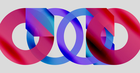 Interlocking rings, vibrant colorsreds, blues, purplescreate abstract design. Modern, minimalist aesthetic. Smooth gradients present.のイラスト素材