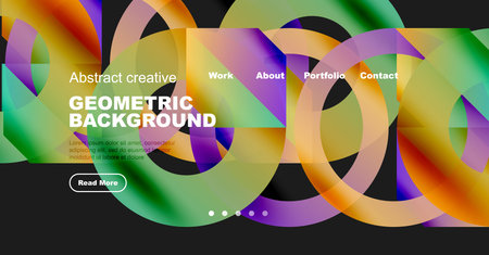 Vibrant abstract design features overlapping colorful circles. Website header includes navigation options, text, button. Modern aesthetic.のイラスト素材