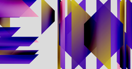 Abstract geometric composition. Vivid purple, gold hues dominate. Sharp angles, layered shapes create dynamic visual effect. Modern design.のイラスト素材