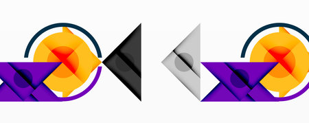 Abstract geometric design features circles, triangles, purple shapes. Orange, gray colors dominate composition. Minimalist style.のイラスト素材