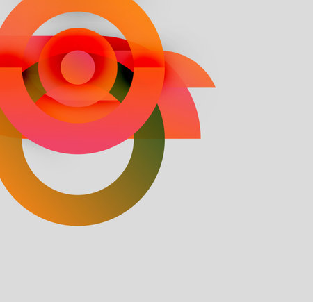 Abstract design features overlapping circular shapes. Orange, red, brown hues dominate neutral gray background. Modern, minimalist aesthetic.のイラスト素材