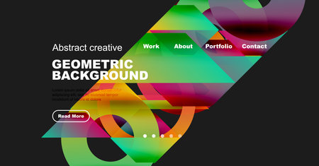 Bright abstract geometric design. Vivid colors, shapes create dynamic website header. Text overlays present information, call to action.のイラスト素材