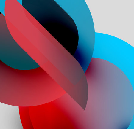 Abstract shapes overlap, creating vibrant color blends. Red, blue, black dominate composition. Minimalist design, smooth gradients present.のイラスト素材