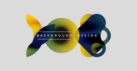 Abstract colorful shapes overlap, creating dynamic background design. Yellow, blue, brown gradients present modern aesthetic.のイラスト素材
