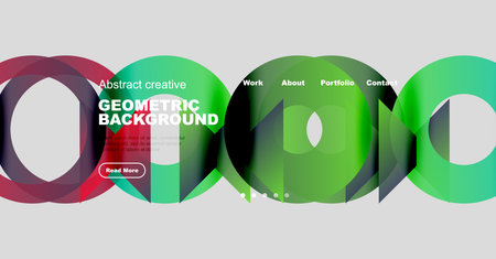 Abstract geometric design. Vibrant colors form layered shapes. Website navigation includes work, about, portfolio, contact options. Read more button visible.のイラスト素材
