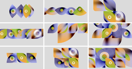 Abstract geometric shapes, vibrant colors, overlapping forms. Nine panels display variations, modern design, digital art.のイラスト素材