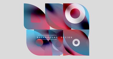 Abstract fluid shapes, vibrant colors, modern design elements. Background features overlapping layers, circles, text.のイラスト素材