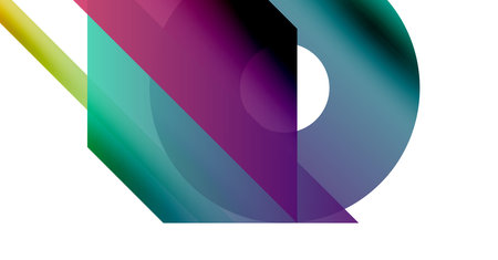Abstract colorful shapes overlap, creating dynamic composition. Gradients blend purple, teal, yellow hues. Minimalist design, modern aesthetic.のイラスト素材