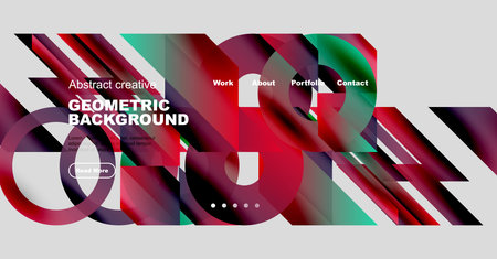 Modern website mockup. Vibrant geometric shapes overlap. Text elements present portfolio, contact details. Clean design.のイラスト素材