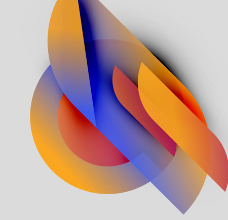 Abstract colorful shapes overlap, creating dynamic visual composition. Gradients blend orange, red, blue hues. Modern design element.のイラスト素材