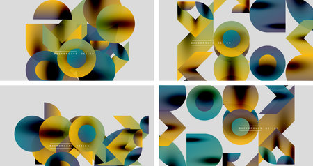 Abstract geometric designs. Overlapping circles, triangles create vibrant backgrounds. Modern style, colorful gradients present visual harmony.のイラスト素材