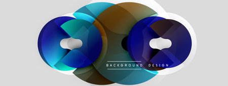 Abstract circles overlap, creating vibrant blue, brown gradients. Modern design element suitable for backgrounds, presentations.のイラスト素材