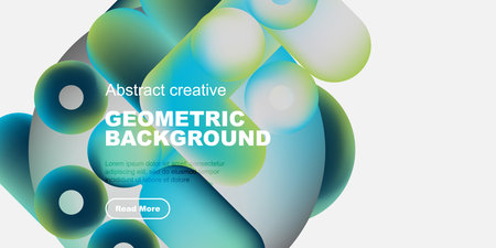 Abstract shapes, vibrant colors, geometric design. Modern background with text, button for more info. Clean, simple presentation.のイラスト素材