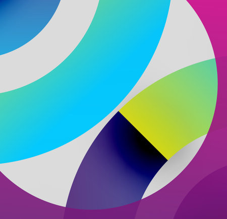 Abstract composition. Overlapping colorful shapes create dynamic visual effect. Smooth gradients, vibrant hues dominate design.のイラスト素材