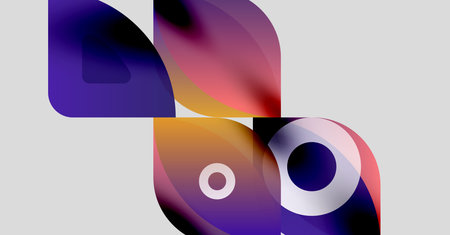 Abstract shapes overlap, creating vibrant gradients. Purple, orange, white hues dominate composition. Modern design, fluid forms present.のイラスト素材