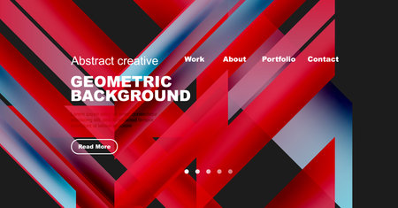 Abstract geometric background design. Red, blue gradients create dynamic visual effect. Website header includes navigation options, text.のイラスト素材