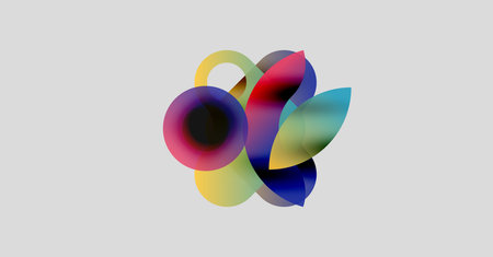 Abstract colorful shapes overlap, creating dynamic visual composition. Soft gradients blend hues,...