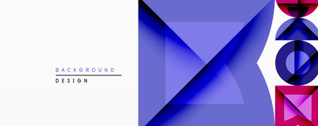 Abstract geometric composition. Blue gradients dominate, layered shapes create depth. Minimalist design with white space, modern aesthetic. Vibrant colors, dynamic arrangement.のイラスト素材