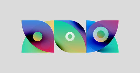 Abstract colorful shapes overlap, creating dynamic visual effect. Circles nestled within curved forms suggest movement, depth.のイラスト素材