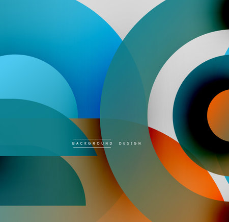 Abstract geometric shapes overlap. Blue, teal, orange, brown hues create dynamic composition. Modern design elements present.のイラスト素材