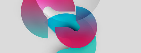 Abstract shapes overlap, creating vibrant color gradients. Pink, blue hues dominate neutral background. Modern design, fluid forms present.のイラスト素材