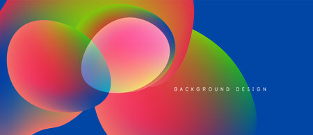Vibrant overlapping circles create colorful abstract background. Smooth gradients blend pink, blue, green, orange hues. Modern design element.のイラスト素材