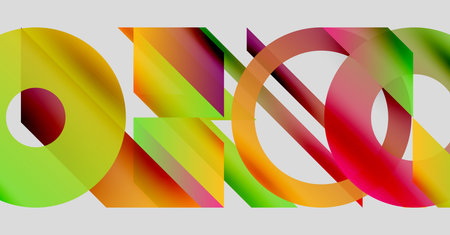 Abstract composition. Overlapping colorful shapes create dynamic visual effect. Gradient hues blend, forming modern design.のイラスト素材